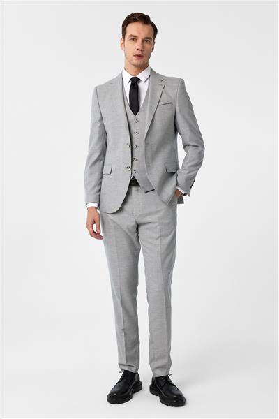 Gri Slim Fit Desenli Mono Yaka 6 Drop Yelekli Klasik Takım Elbise