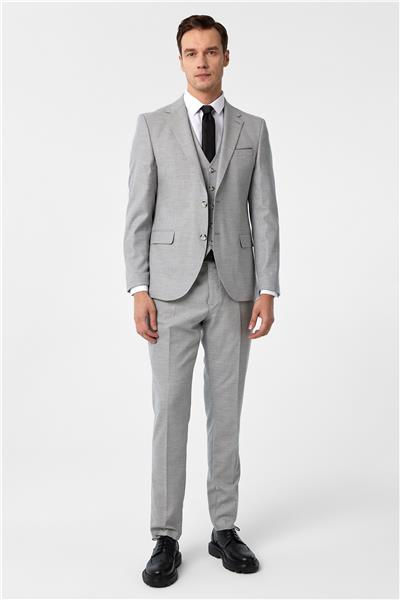 Gri Slim Fit Desenli Mono Yaka 6 Drop Yelekli Klasik Takım Elbise