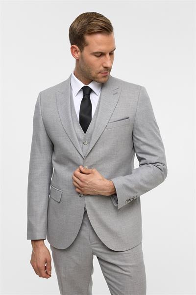 Gri Slim Desenli Sivri Yaka 6 Drop Yelekli Takım Elbise