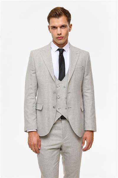 Gri Slim Desenli Sivri Yaka 6 Drop Yelekli Takım Elbise