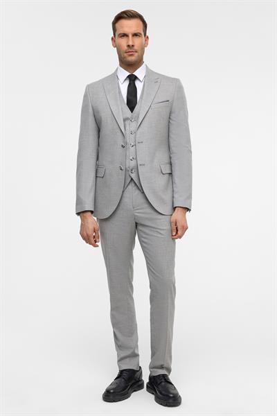 Gri Slim Desenli Sivri Yaka 6 Drop Yelekli Takım Elbise