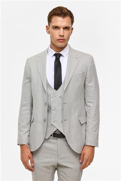 Gri Slim Desenli Sivri Yaka 6 Drop Yelekli Takım Elbise