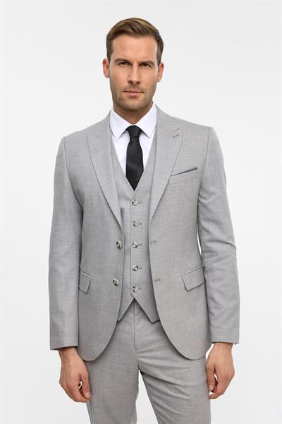 Gri Slim Desenli Sivri Yaka 6 Drop Yelekli Takım Elbise