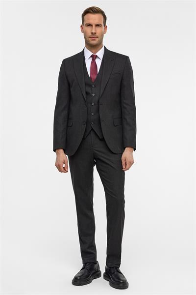 Gri Slim Desenli Sivri Yaka 6 Drop Yelekli Takım Elbise