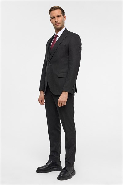 Gri Slim Desenli Sivri Yaka 6 Drop Yelekli Takım Elbise