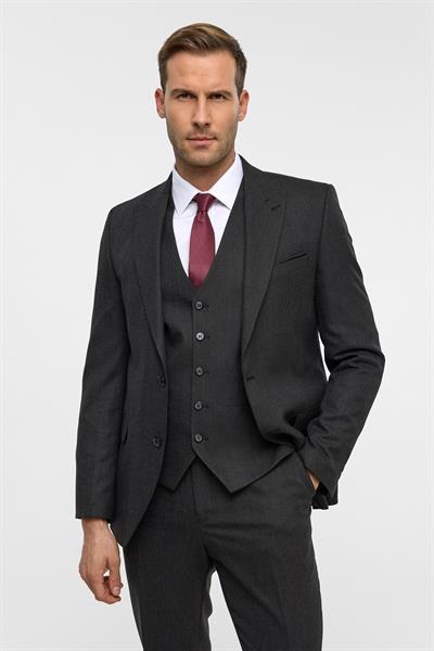 Gri Slim Desenli Sivri Yaka 6 Drop Yelekli Takım Elbise