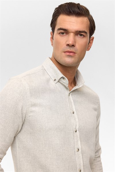 Gri Slim Düz Düğmeli Yaka Gömlek