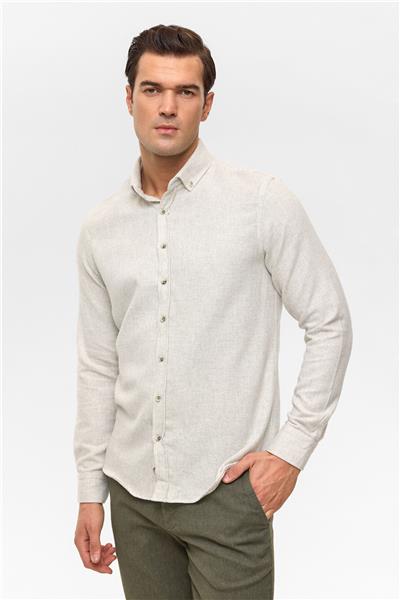 Gri Slim Düz Düğmeli Yaka Gömlek