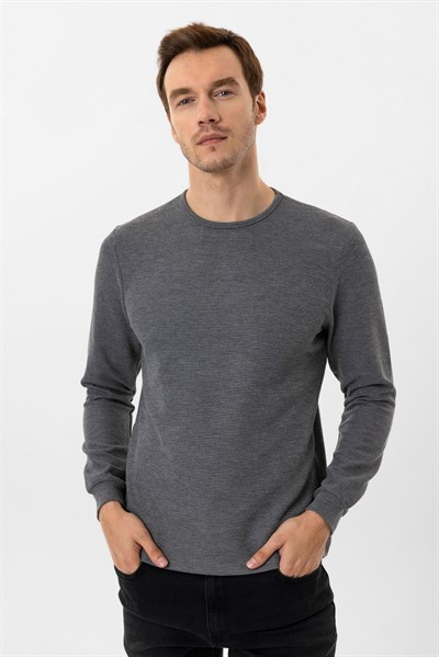 Gri Slim Fit Armürlü Bisiklet Yaka Sweatshirt