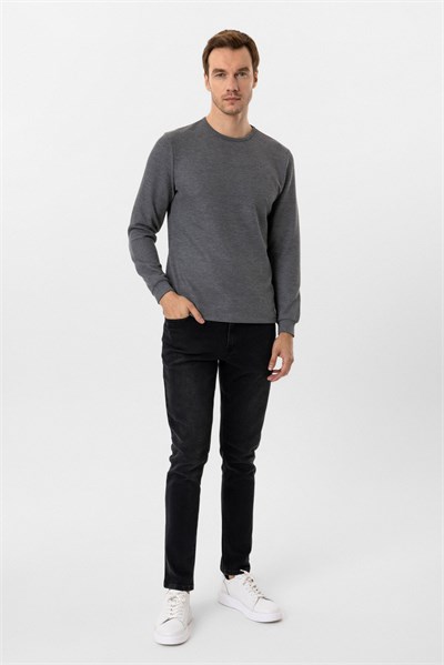 Gri Slim Fit Armürlü Bisiklet Yaka Sweatshirt