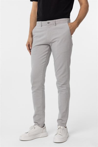 Gri Slim Fit Armürlü Kanvas Pantolon