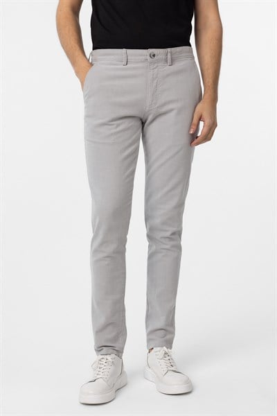 Gri Slim Fit Armürlü Kanvas Pantolon
