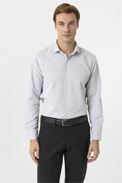 Gri Slim Fit Armürlü Klasik Yaka Gömlek
