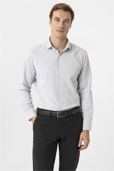 Gri Slim Fit Armürlü Klasik Yaka Gömlek