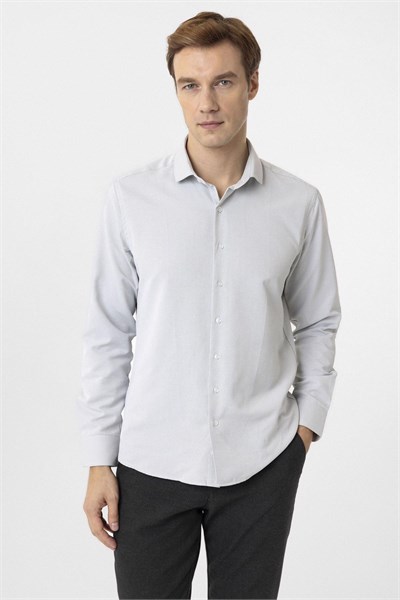 Gri Slim Fit Armürlü Klasik Yaka Gömlek