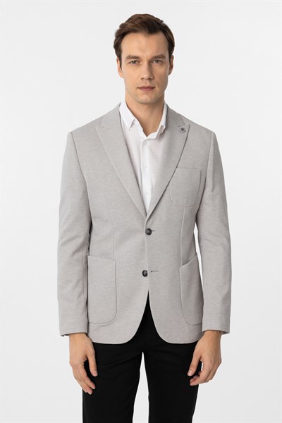 Gri Slim Fit Armürlü Sivri Yaka 6 Drop Ceket