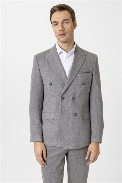 Gri Slim Fit Desenli Kruvaze Yaka 6 Drop Spor Takım Elbise