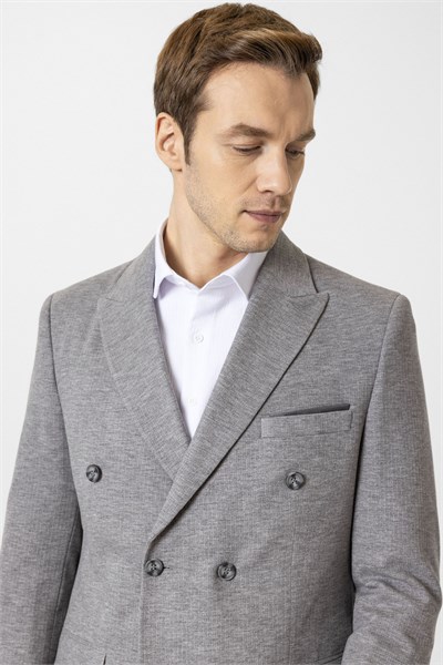 Gri Slim Fit Desenli Kruvaze Yaka 6 Drop Spor Takım Elbise