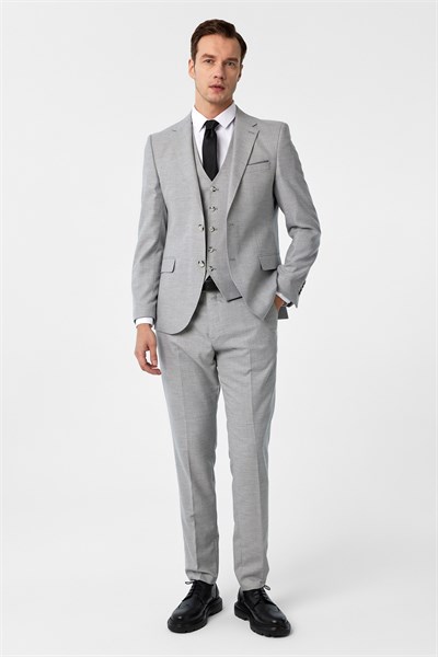 Gri Slim Fit Desenli Mono Yaka 6 Drop Yelekli Klasik Takım Elbise