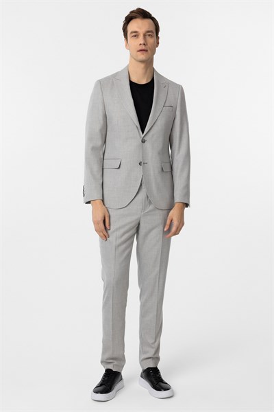 Gri Slim Fit Desenli Sivri Yaka 6 Drop Klasik Takım Elbise