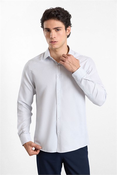 Gri Slim Klasik Yaka Düz Armürlü Düğmeli Uzun Kollu Casual Gömlek