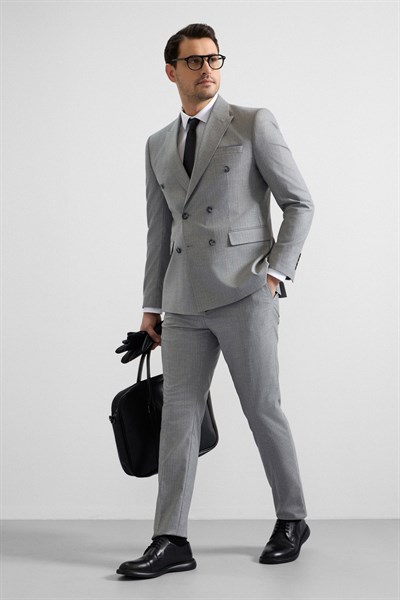 Gri Slim Kruvaze Yaka 6 Drop Takım Elbise