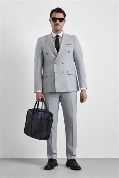 Gri Slim Kruvaze Yaka 6 Drop Takım Elbise