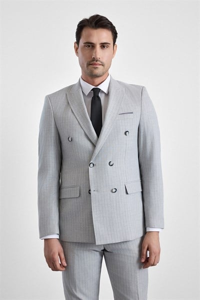 Gri Slim Kruvaze Yaka 6 Drop Takım Elbise