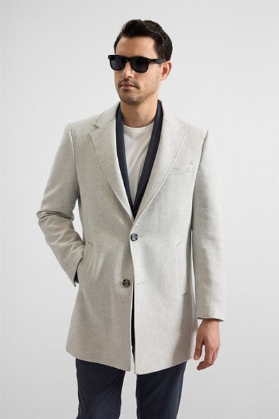 Gri Slim Mono Yaka Düz Yan Cepli Düğmeli Dolgusuz Standart Kaban