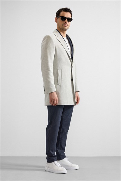 Gri Slim Mono Yaka Düz Yan Cepli Düğmeli Dolgusuz Standart Kaban