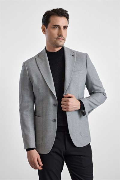 Gri Slim Mono Yaka Torba Cep 6 Drop Klasik Ceket