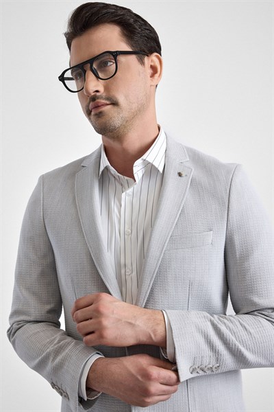 Gri Slim Mono Yaka Torba Cep 6 Drop Klasik Ceket