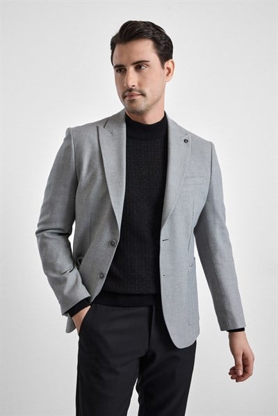 Gri Slim Mono Yaka Torba Cep 6 Drop Klasik Ceket