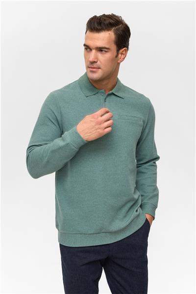 Haki Regular Armürlü Polo Yaka Sweatshirt