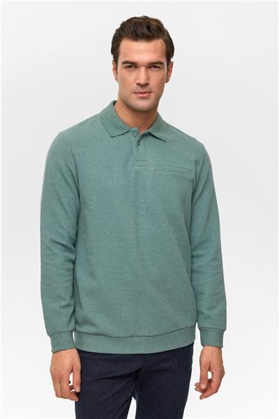 Haki Regular Armürlü Polo Yaka Sweatshirt