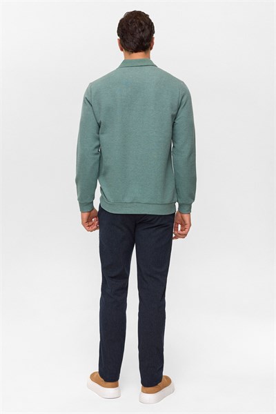 Haki Regular Armürlü Polo Yaka Sweatshirt