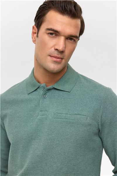 Haki Regular Armürlü Polo Yaka Sweatshirt