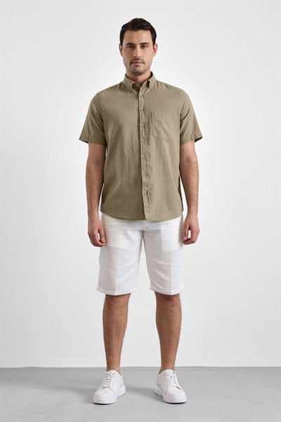 Haki Regular Düğmeli Yaka Düz Kısa Kollu Casual Gömlek
