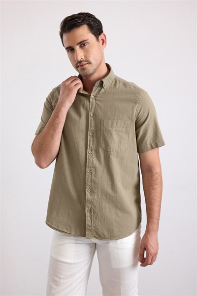 Haki Regular Düğmeli Yaka Düz Kısa Kollu Casual Gömlek