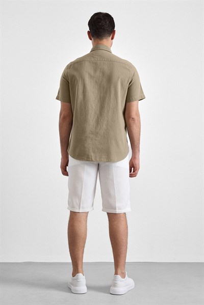 Haki Regular Düğmeli Yaka Düz Kısa Kollu Casual Gömlek