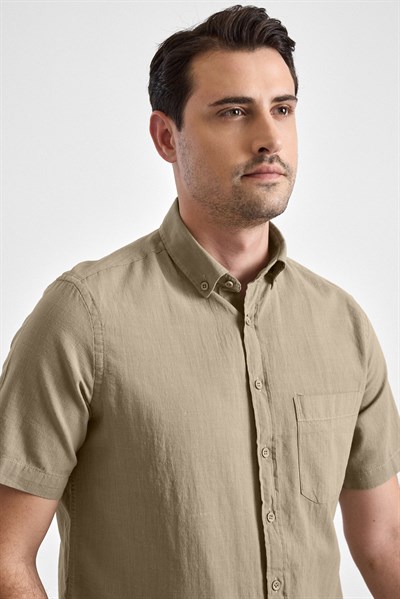 Haki Regular Düğmeli Yaka Düz Kısa Kollu Casual Gömlek