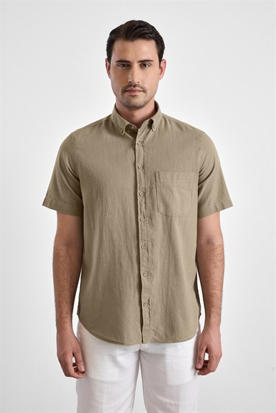 Haki Regular Düğmeli Yaka Düz Kısa Kollu Casual Gömlek