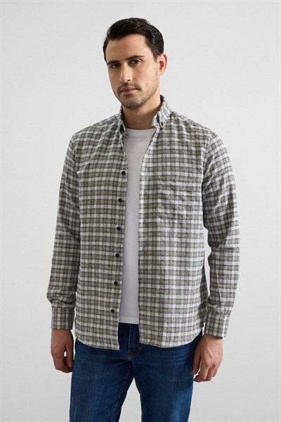 Haki Regular Düğmeli Yaka Kareli Casual Gömlek