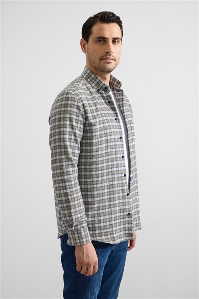 Haki Regular Düğmeli Yaka Kareli Casual Gömlek