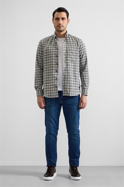 Haki Regular Düğmeli Yaka Kareli Casual Gömlek