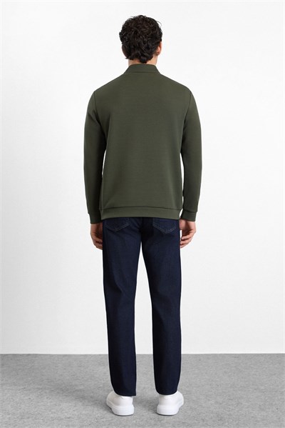 Haki Regular Düz Baskılı İnterlok Dik Yaka Cepsiz Sweatshirt