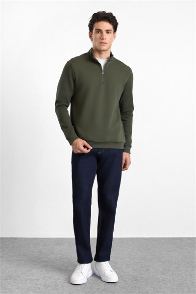 Haki Regular Düz Baskılı İnterlok Dik Yaka Cepsiz Sweatshirt