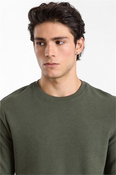 Haki Regular Düz Baskısız Selanik Bisiklet Yaka Cepsiz Sweatshirt