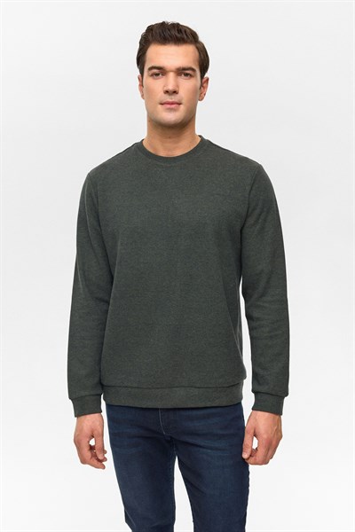 Haki Regular Düz Bisiklet Yaka Sweatshirt
