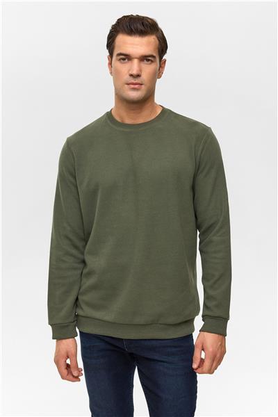 Haki Regular Düz Bisiklet Yaka Sweatshirt
